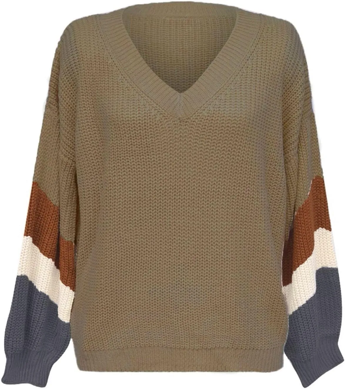 Womens 2023 Fall Casual Loose Sweaters Color Block Long Sleeve V Neck Cable Knitted Pullover Tops Sweaters for Women