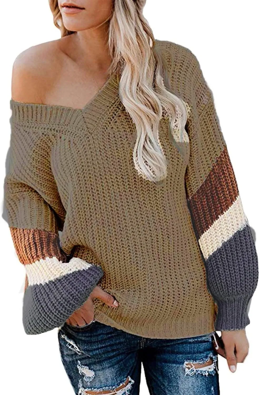 Womens 2023 Fall Casual Loose Sweaters Color Block Long Sleeve V Neck Cable Knitted Pullover Tops Sweaters for Women