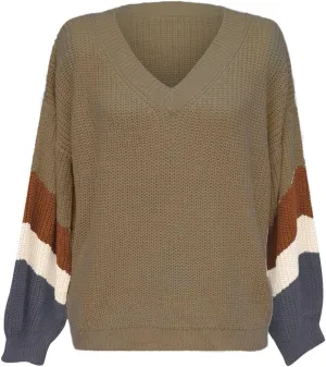 Womens 2023 Fall Casual Loose Sweaters Color Block Long Sleeve V Neck Cable Knitted Pullover Tops Sweaters for Women
