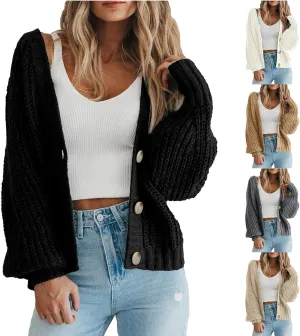 Women's 2023 Fall Open Front Chunky Knit Sweater Cardigan Oversized Basic Lantern Sleeve Button Down Cropped Outerwear