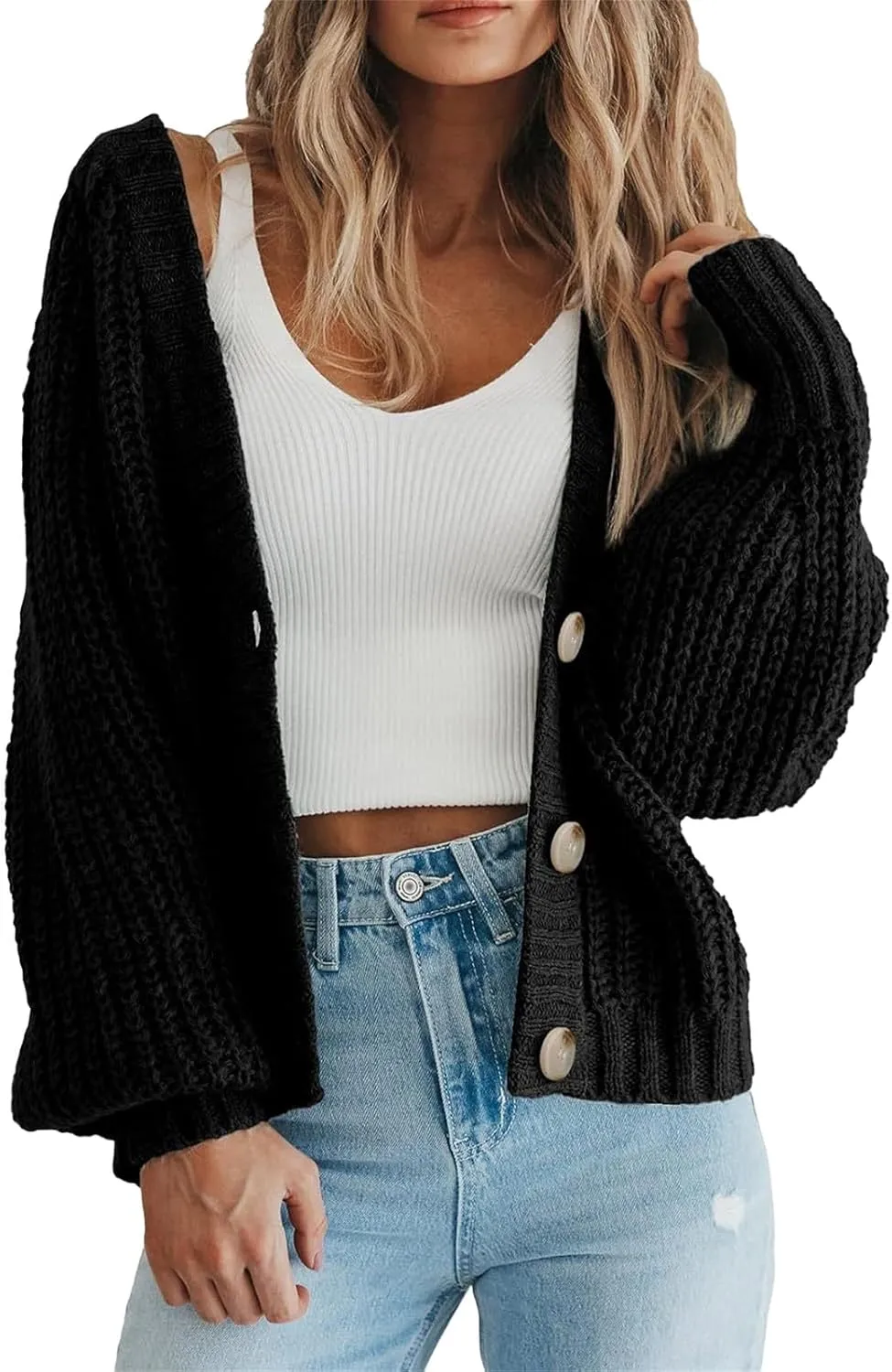 Women's 2023 Fall Open Front Chunky Knit Sweater Cardigan Oversized Basic Lantern Sleeve Button Down Cropped Outerwear