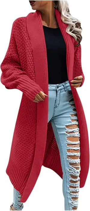 Women's 2023 Fashion Casual Open Front Long Sleeve Chunky Cable Knit Long Cardigans Knitwear Sweaters Outerwear Coats