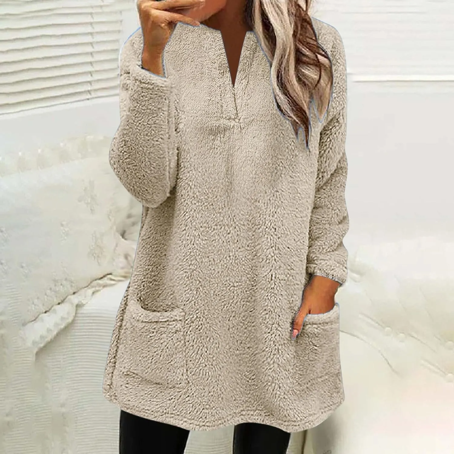 Womens 2024 Fashion Winter Fleece Warm Sweater V Neck Solid Color Long Sleeve Pullover With Pocket Casual Loose Tops