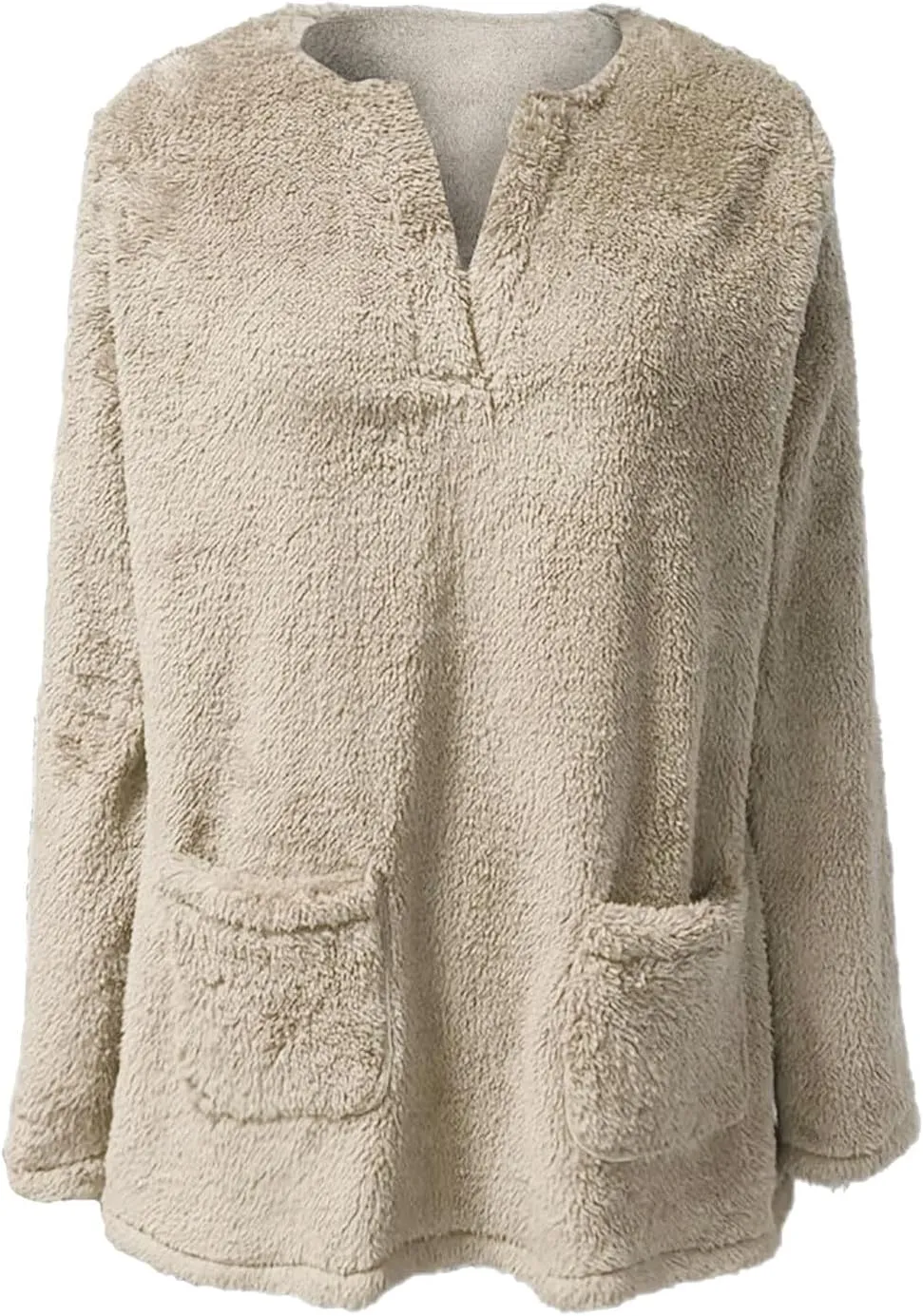 Womens 2024 Fashion Winter Fleece Warm Sweater V Neck Solid Color Long Sleeve Pullover With Pocket Casual Loose Tops
