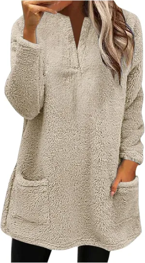 Womens 2024 Fashion Winter Fleece Warm Sweater V Neck Solid Color Long Sleeve Pullover With Pocket Casual Loose Tops