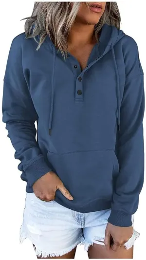 Womens 2024 Hooded Button Collar Drawstring Hoodies Casual Long Sleeve Tops Shirts Pullover Sweatshirts Pockets