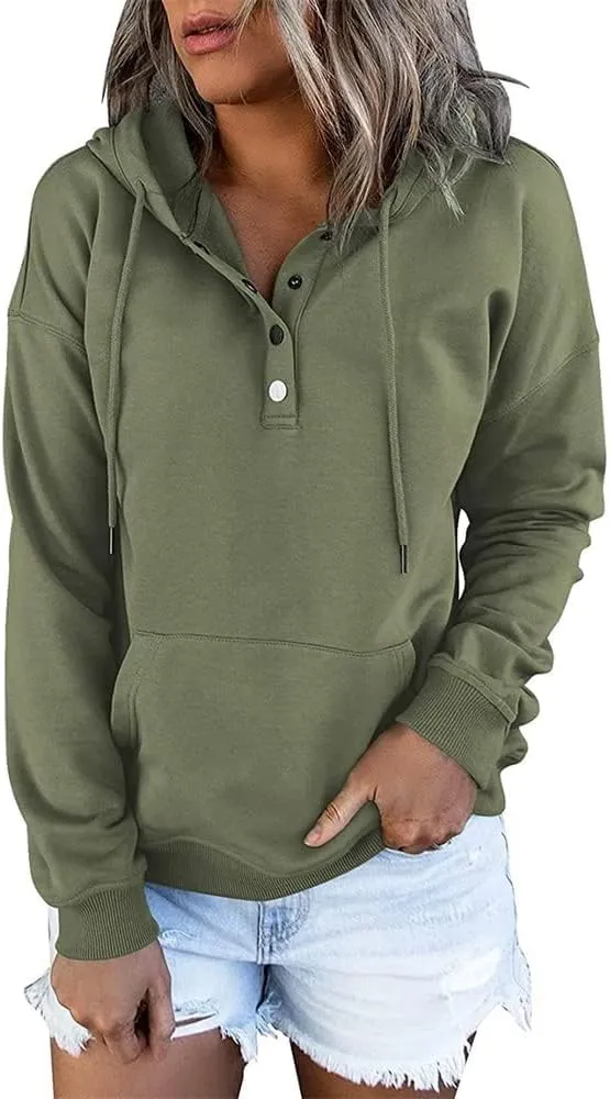 Womens 2024 Hooded Button Collar Drawstring Hoodies Casual Long Sleeve Tops Shirts Pullover Sweatshirts Pockets
