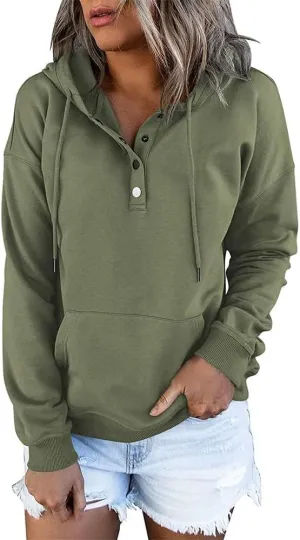 Womens 2024 Hooded Button Collar Drawstring Hoodies Casual Long Sleeve Tops Shirts Pullover Sweatshirts Pockets