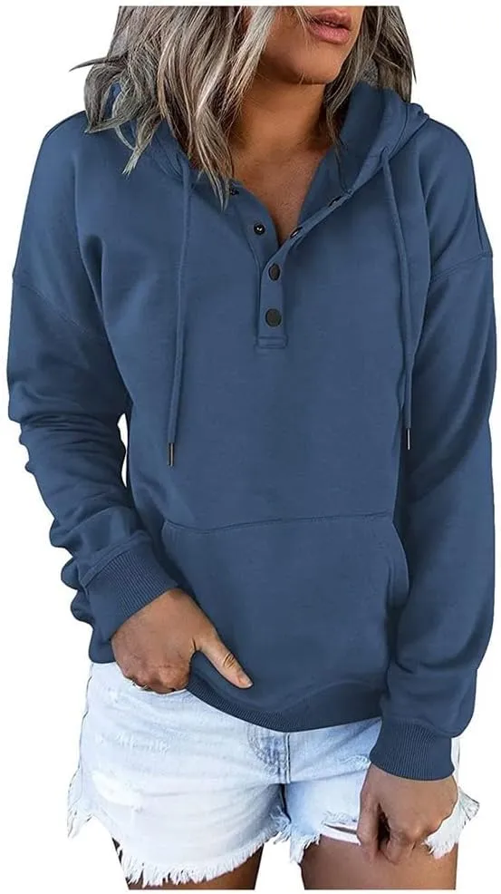 Womens 2024 Hooded Button Collar Drawstring Hoodies Casual Long Sleeve Tops Shirts Pullover Sweatshirts Pockets
