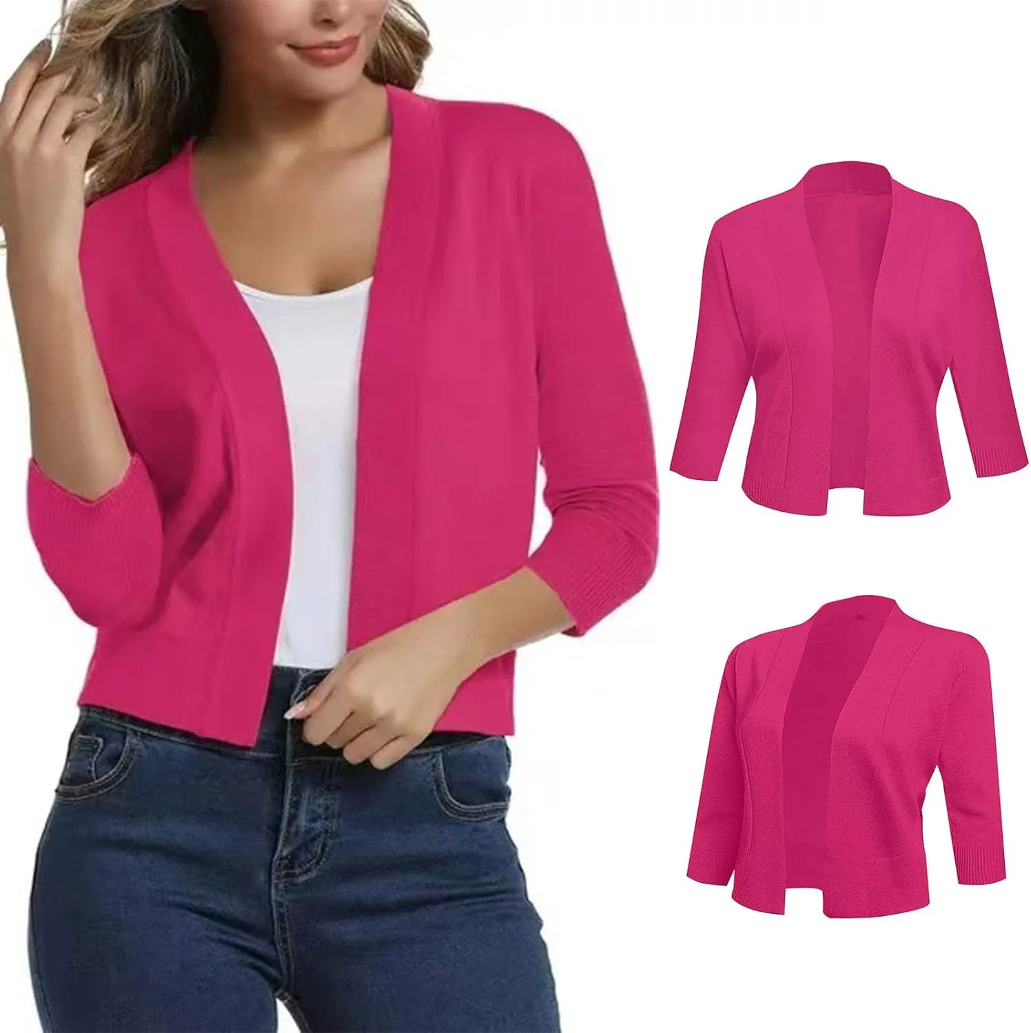 Women's 3/4 Sleeve Knit Cropped Cardigan Sweaters Open Front Bolero Shrugs Short Coat Top Solid Color Knitwear for Dress