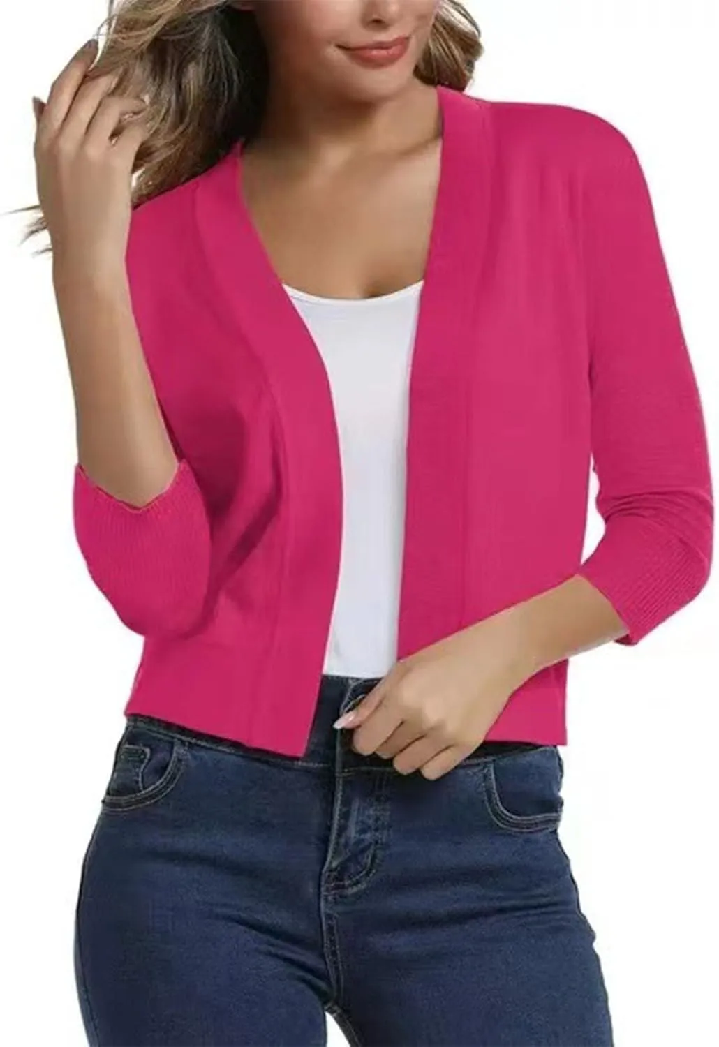 Women's 3/4 Sleeve Knit Cropped Cardigan Sweaters Open Front Bolero Shrugs Short Coat Top Solid Color Knitwear for Dress