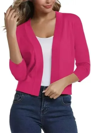Women's 3/4 Sleeve Knit Cropped Cardigan Sweaters Open Front Bolero Shrugs Short Coat Top Solid Color Knitwear for Dress