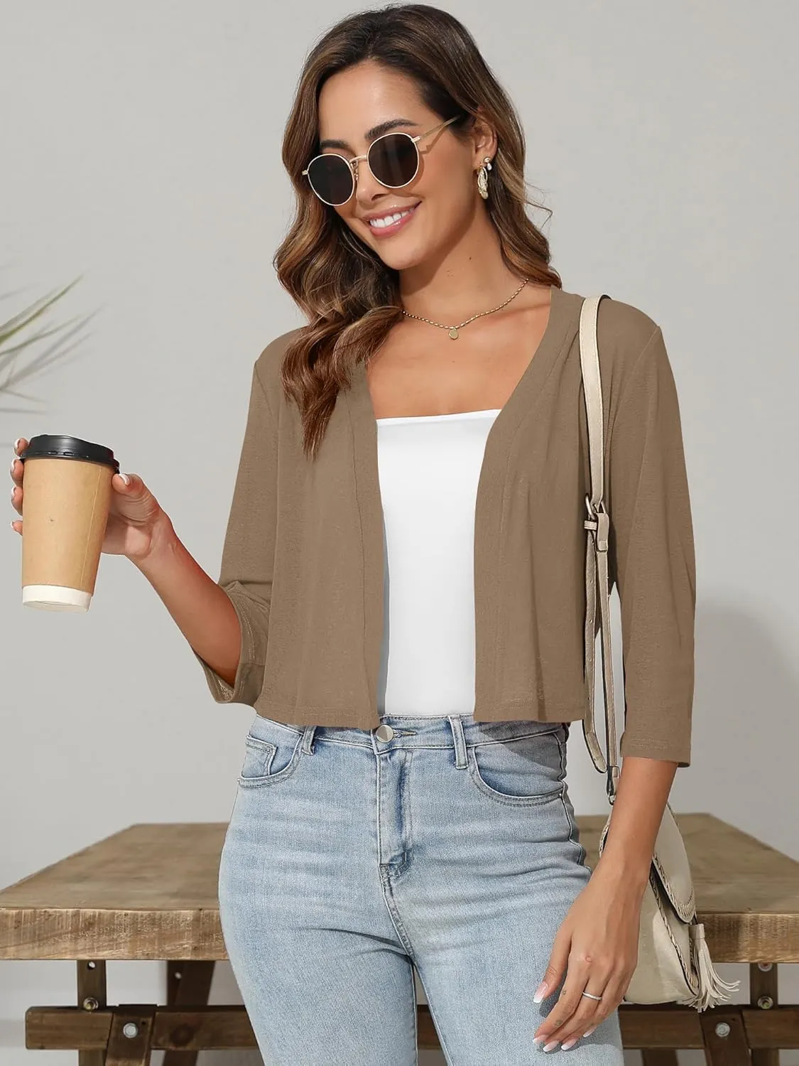 Women's 3/4 Sleeve Thin Shrugs Lightweight Open Front Cropped Sheer Cardigans for Summer