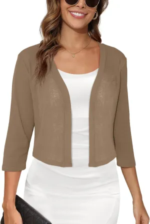 Women's 3/4 Sleeve Thin Shrugs Lightweight Open Front Cropped Sheer Cardigans for Summer