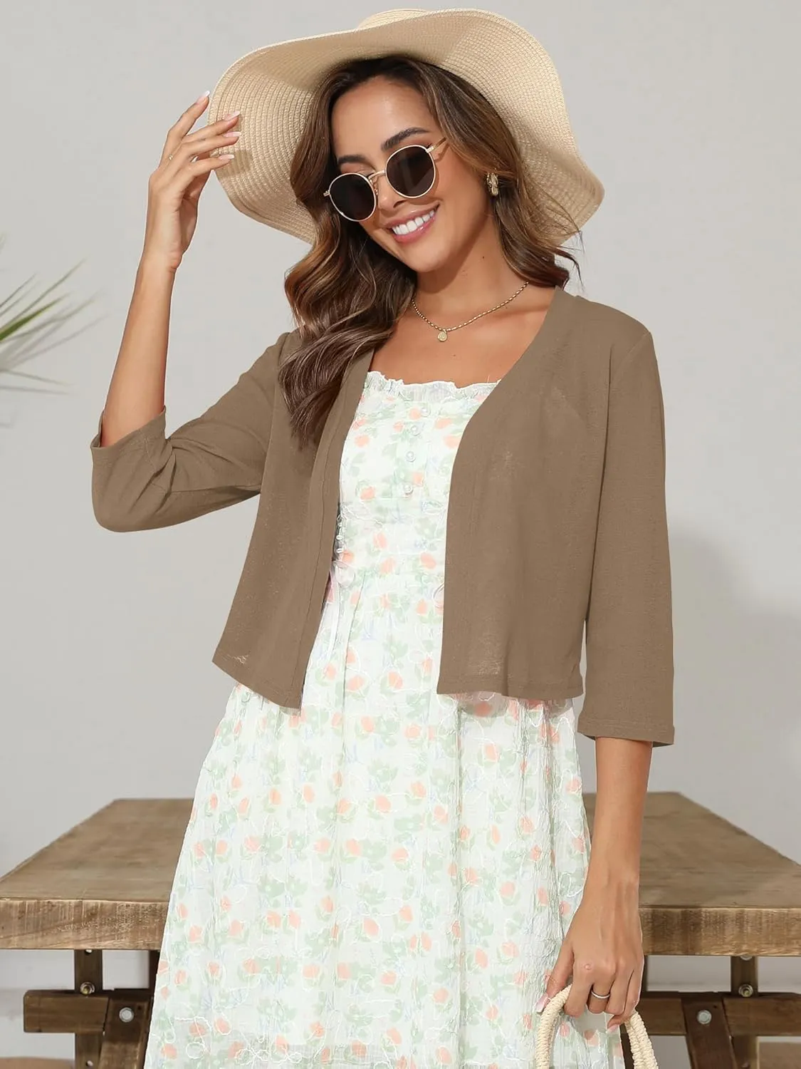 Women's 3/4 Sleeve Thin Shrugs Lightweight Open Front Cropped Sheer Cardigans for Summer