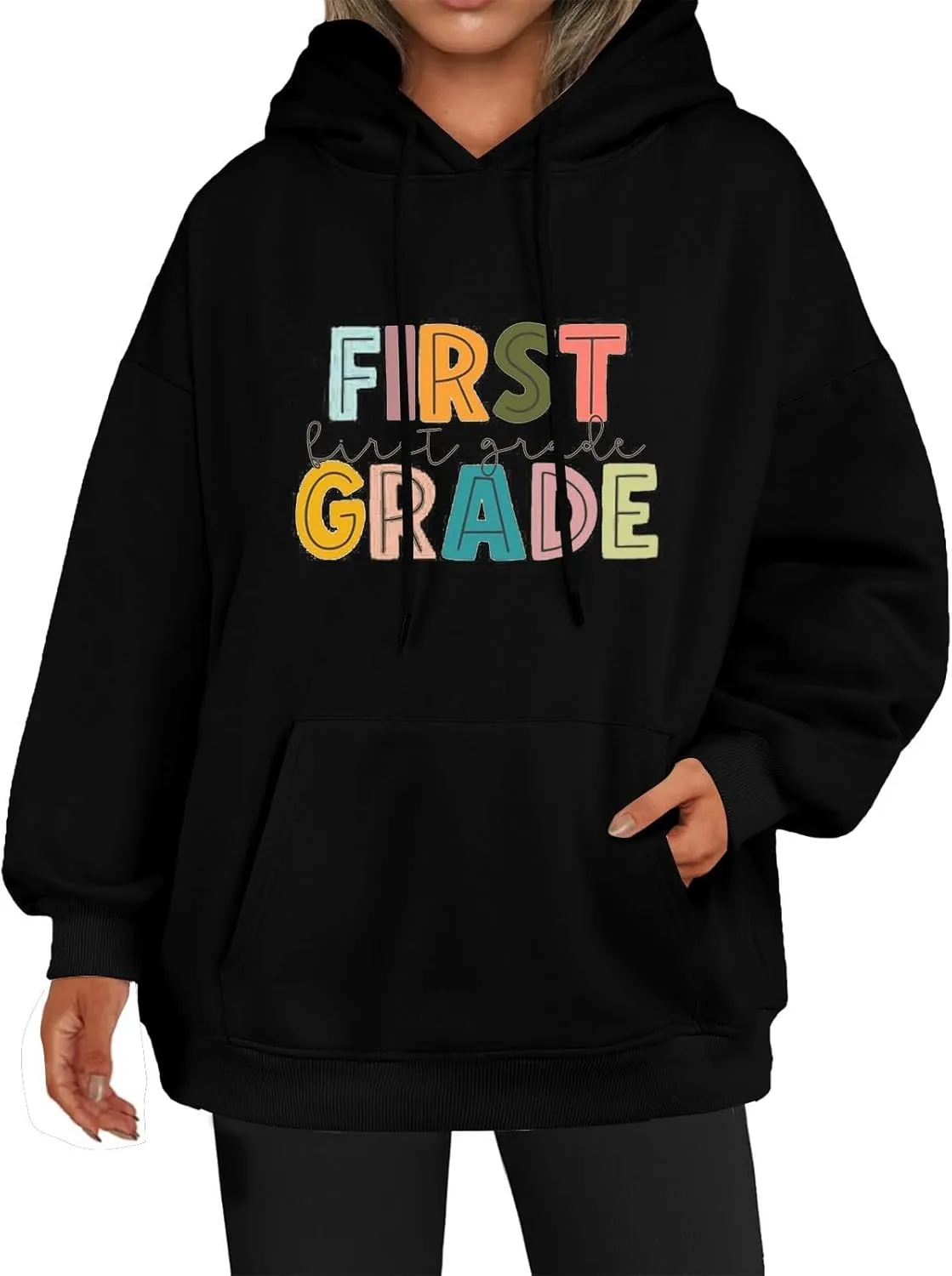 Womens Autumn Hoodies Loose Letter Print Drawstring Hooded Long Sleeve Pullover Sweatshirts Oversized Streetwear Tops