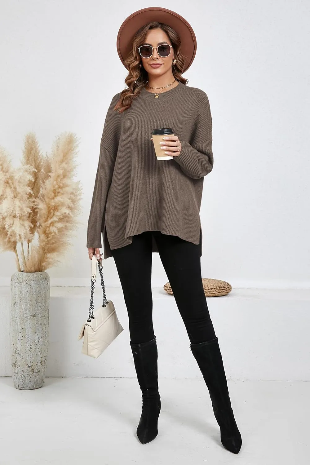 Women's Batwing Long Sleeve Oversized Sweaters Fall Loose Fit Knitted Side Slit Pullover Tops