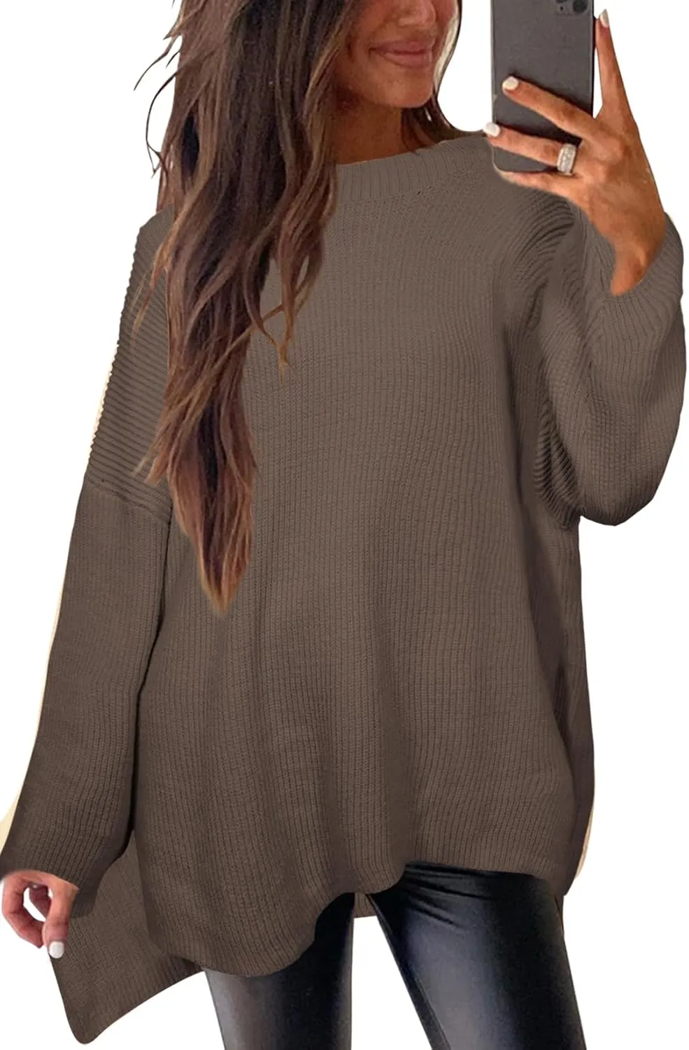 Women's Batwing Long Sleeve Oversized Sweaters Fall Loose Fit Knitted Side Slit Pullover Tops
