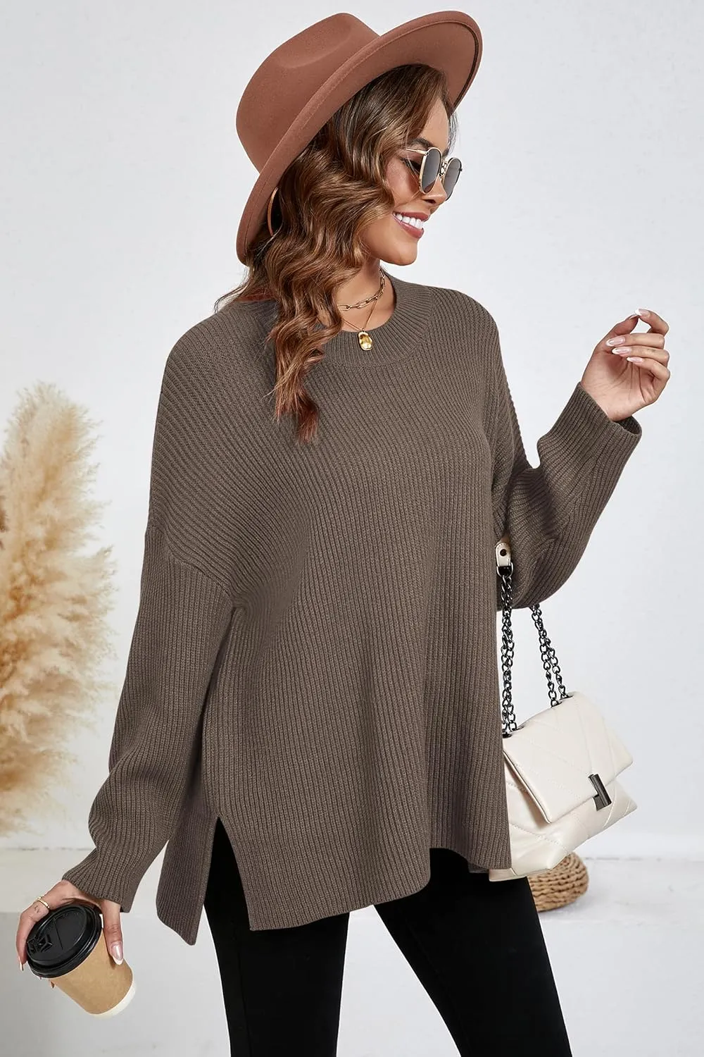 Women's Batwing Long Sleeve Oversized Sweaters Fall Loose Fit Knitted Side Slit Pullover Tops