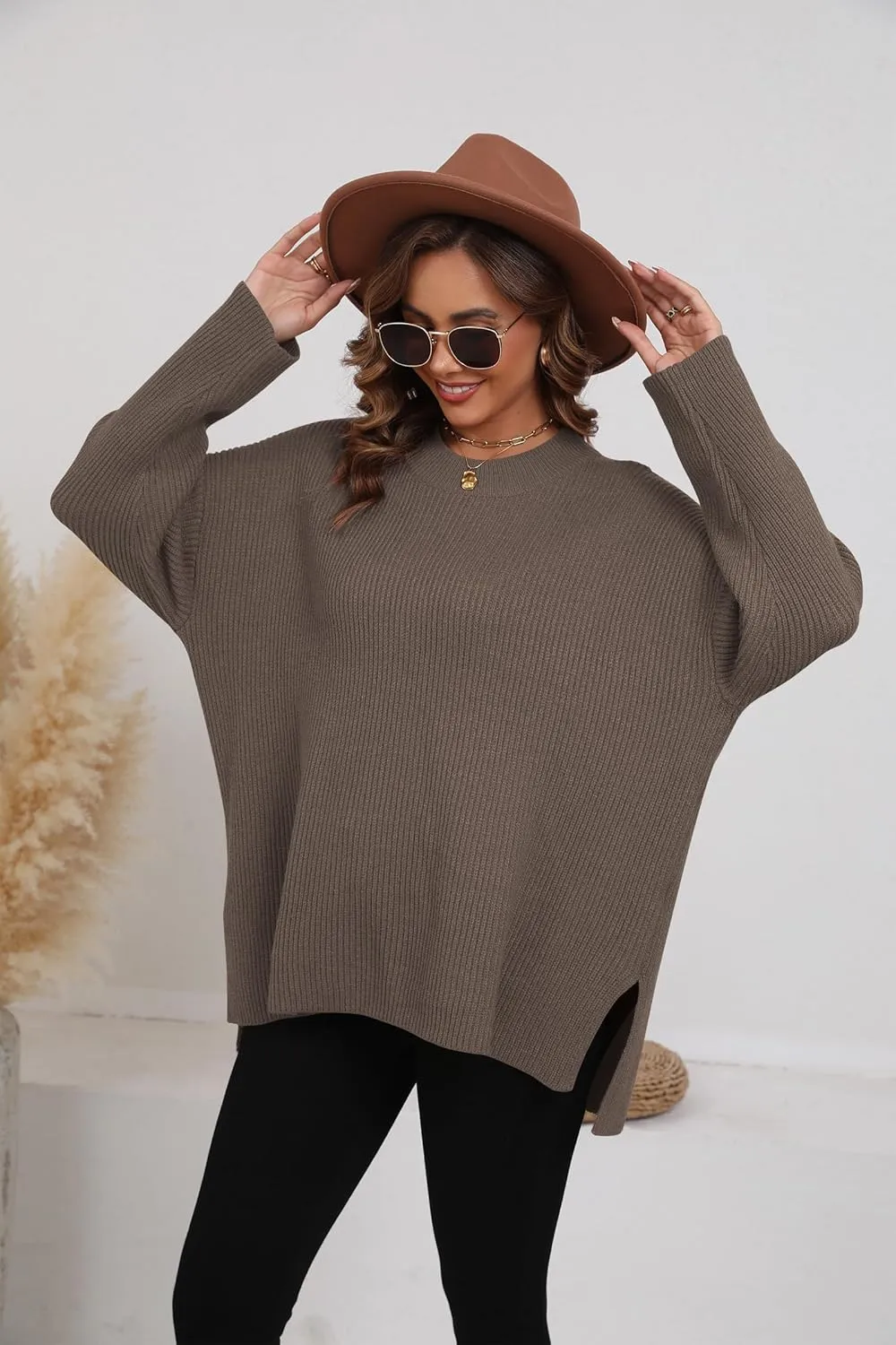 Women's Batwing Long Sleeve Oversized Sweaters Fall Loose Fit Knitted Side Slit Pullover Tops