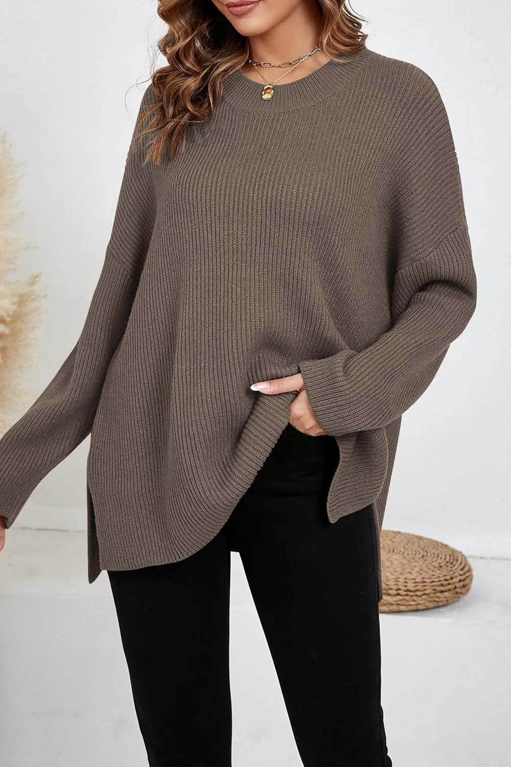 Women's Batwing Long Sleeve Oversized Sweaters Fall Loose Fit Knitted Side Slit Pullover Tops