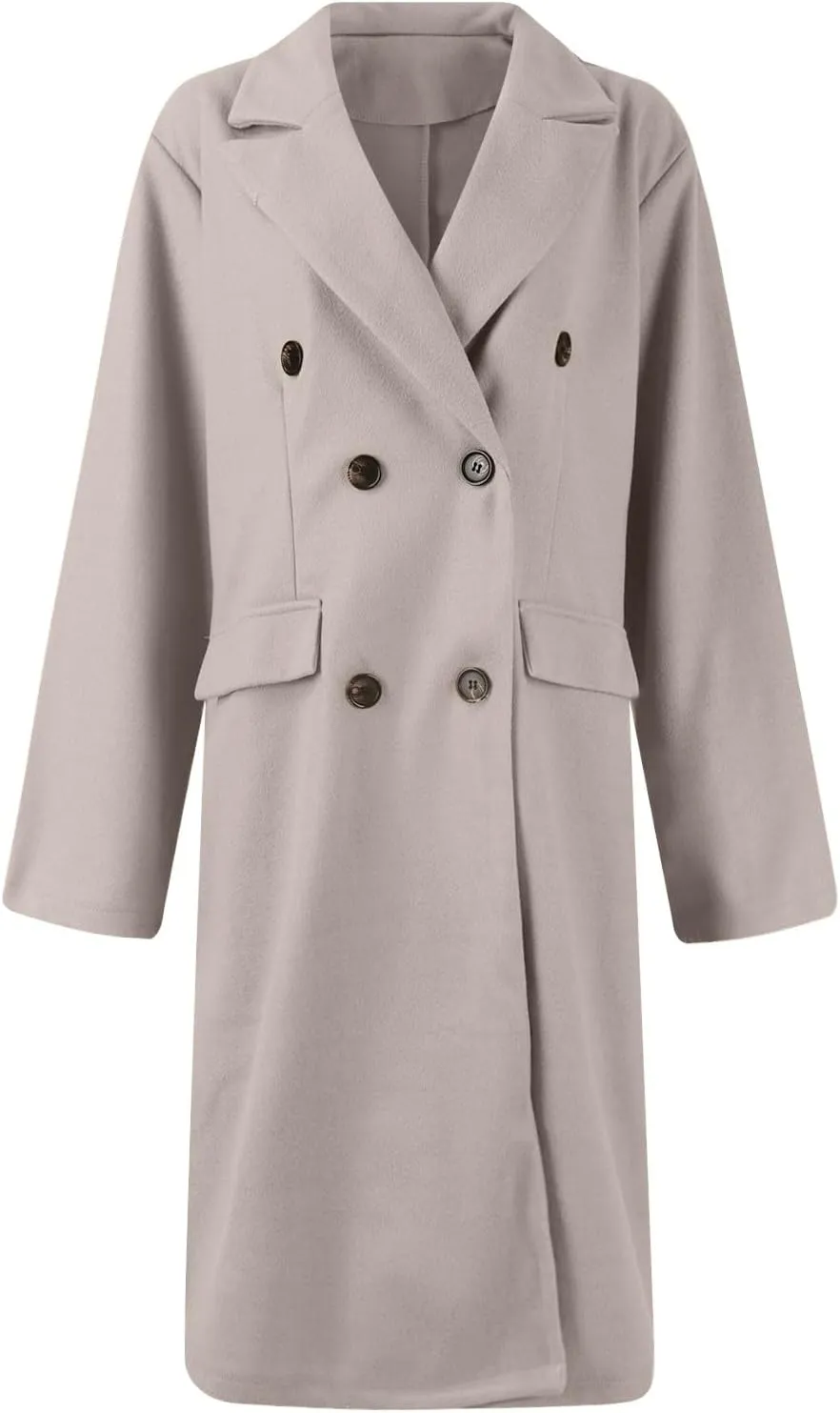 Women's Big Notch Lapel Single Breasted Mid-Long Wool Blend Coat Double Breasted Trench Coat Fall Winter Clothes