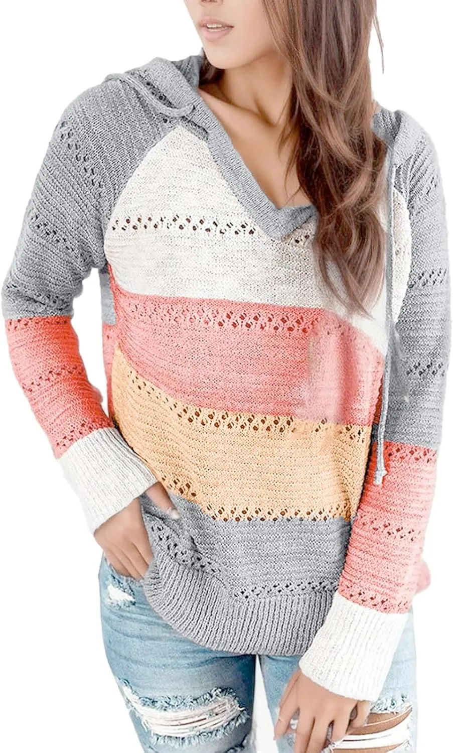 Women's Blouse Knitted Sweatshirts V Neck Hooded Pullover Casual Fashion Patchwork Knit Loose Sweater Tops