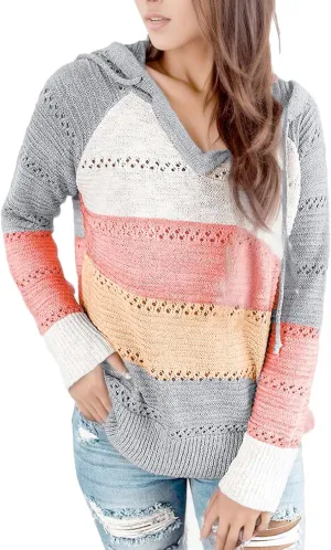 Women's Blouse Knitted Sweatshirts V Neck Hooded Pullover Casual Fashion Patchwork Knit Loose Sweater Tops