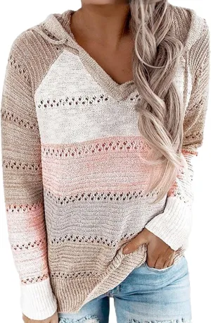 Women's Blouse Knitted Sweatshirts V Neck Hooded Pullover Casual Fashion Patchwork Knit Loose Sweater Tops