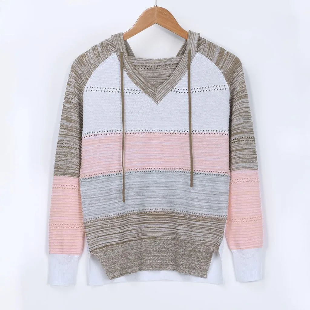 Women's Blouse Knitted Sweatshirts V Neck Hooded Pullover Casual Fashion Patchwork Knit Loose Sweater Tops