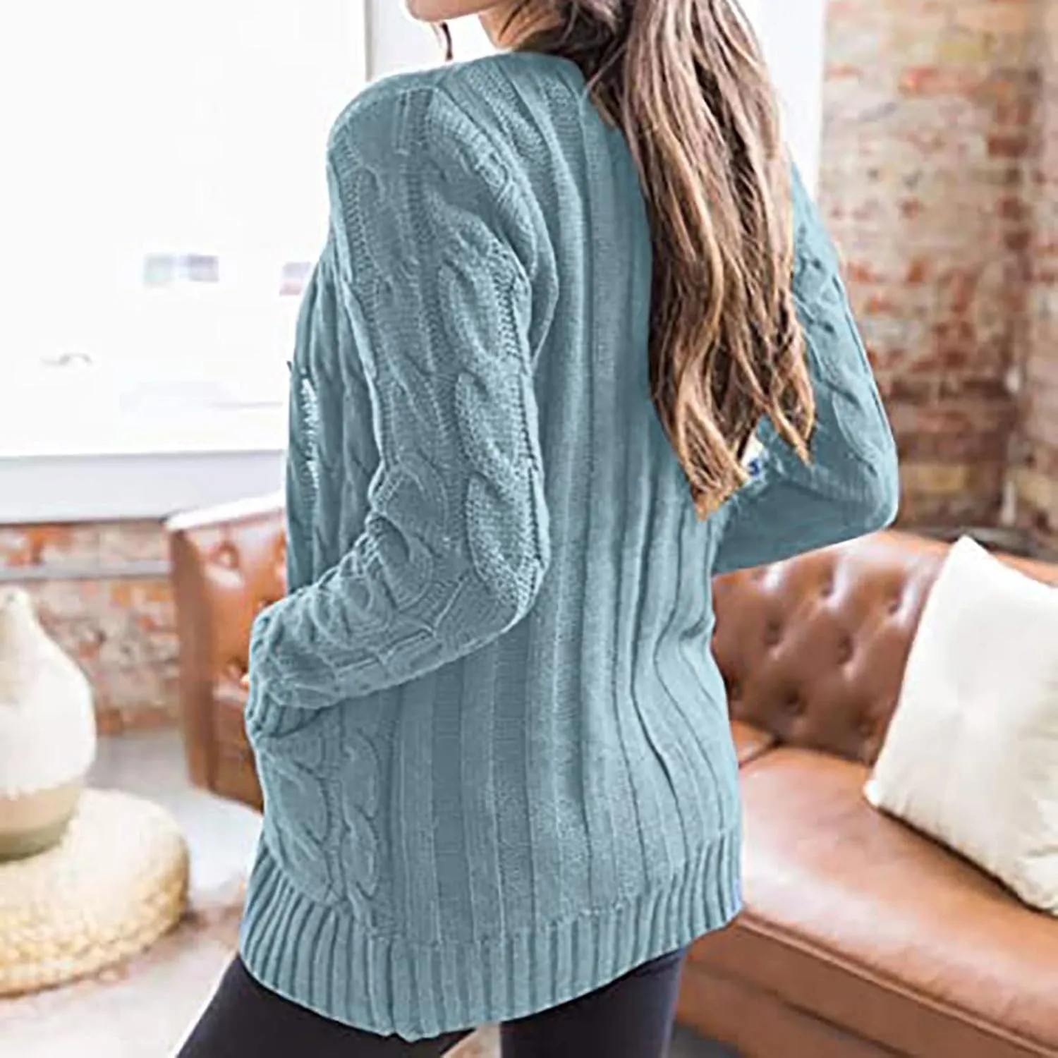 Womens Cable Knit Cotton Cardigan Sweaters Button V Neck Open Front Midi Sweater Jacket Winter Chunky Sweater Coat