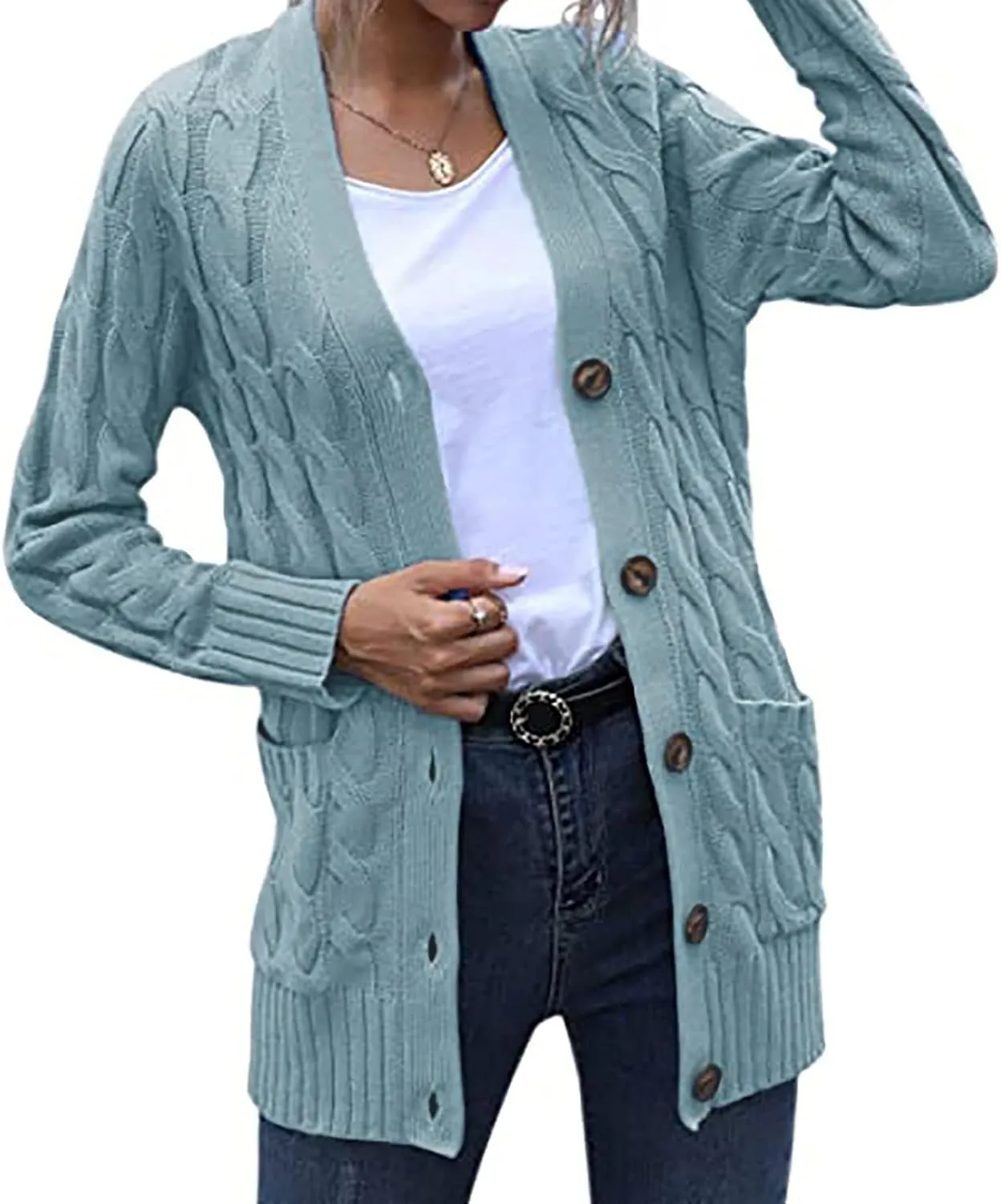 Womens Cable Knit Cotton Cardigan Sweaters Button V Neck Open Front Midi Sweater Jacket Winter Chunky Sweater Coat