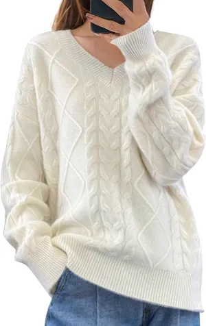 Women's Cable Knit Long Sleeve V Neck Turtleneck Sweaters Vintage Chunky Argyle Sweater Pullover Top for Fall Winter