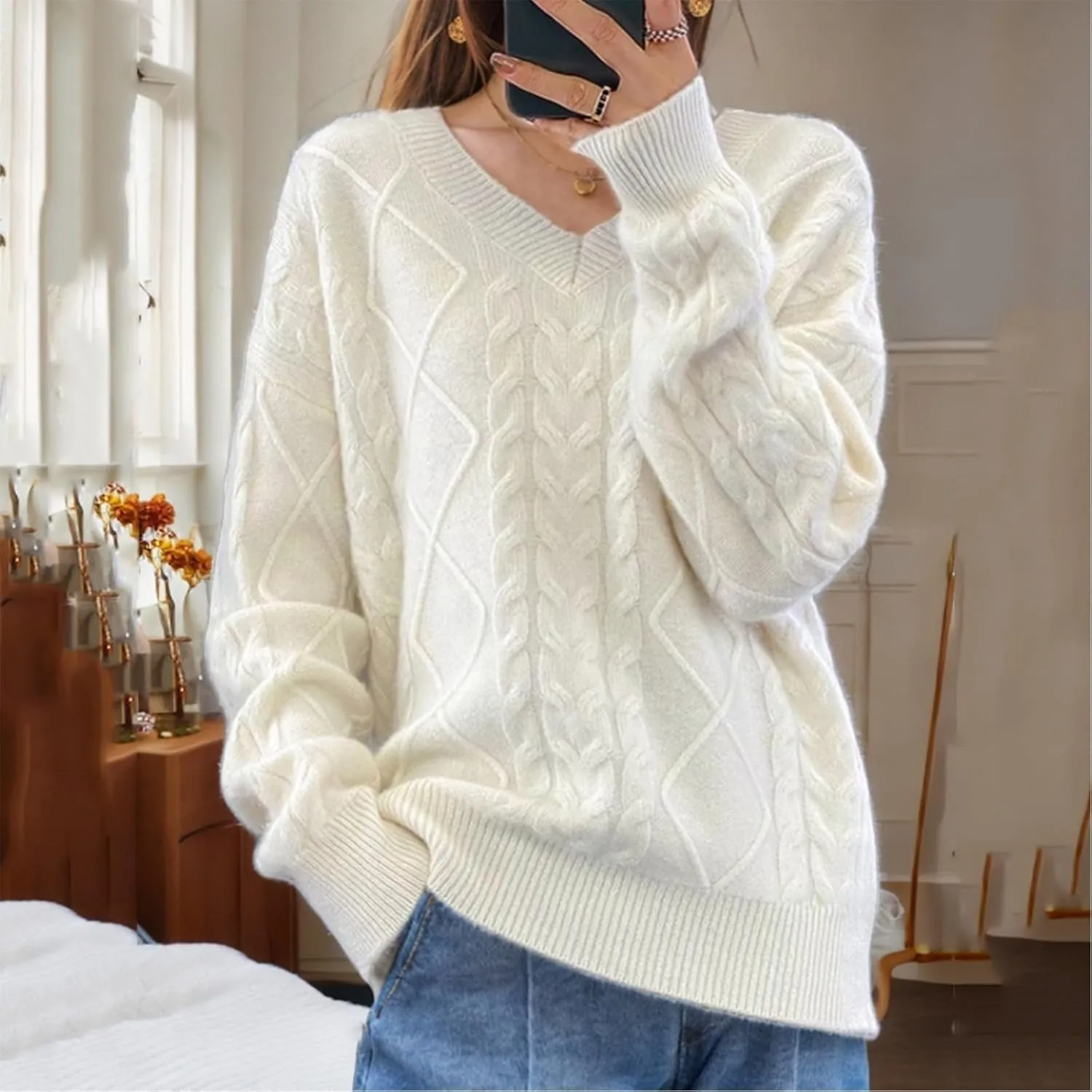 Women's Cable Knit Long Sleeve V Neck Turtleneck Sweaters Vintage Chunky Argyle Sweater Pullover Top for Fall Winter