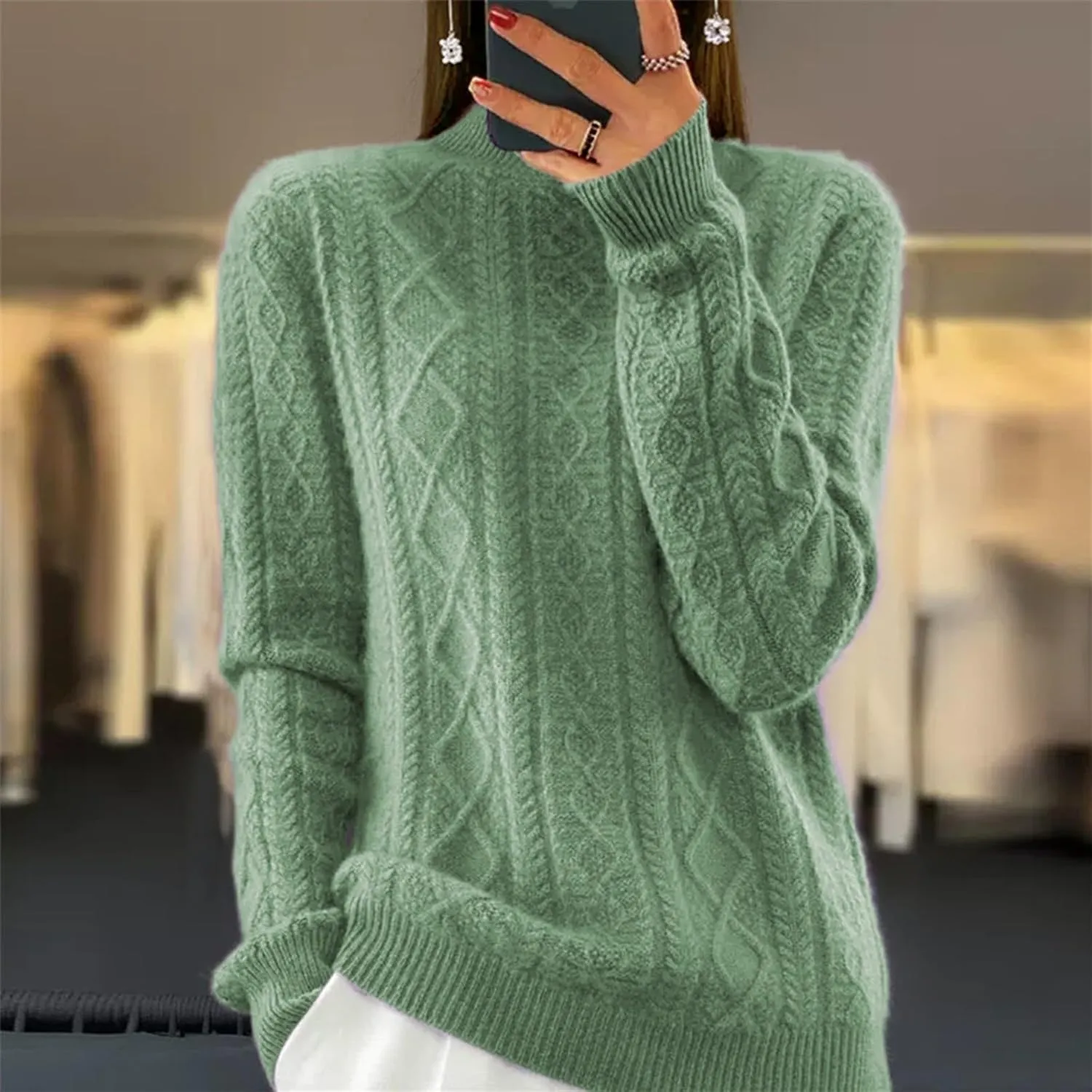 Women's Cable Knit Long Sleeve V Neck Turtleneck Sweaters Vintage Chunky Argyle Sweater Pullover Top for Fall Winter