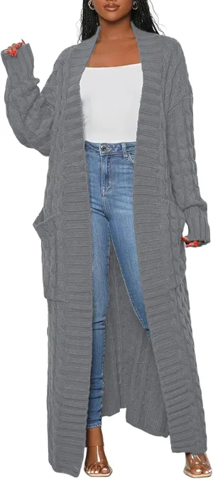 Women's Cable Knit Sweaters Cardigans Long Sleeve Warm Open Front Casual Loose Winter Chunky Coats Outwear with Pockets