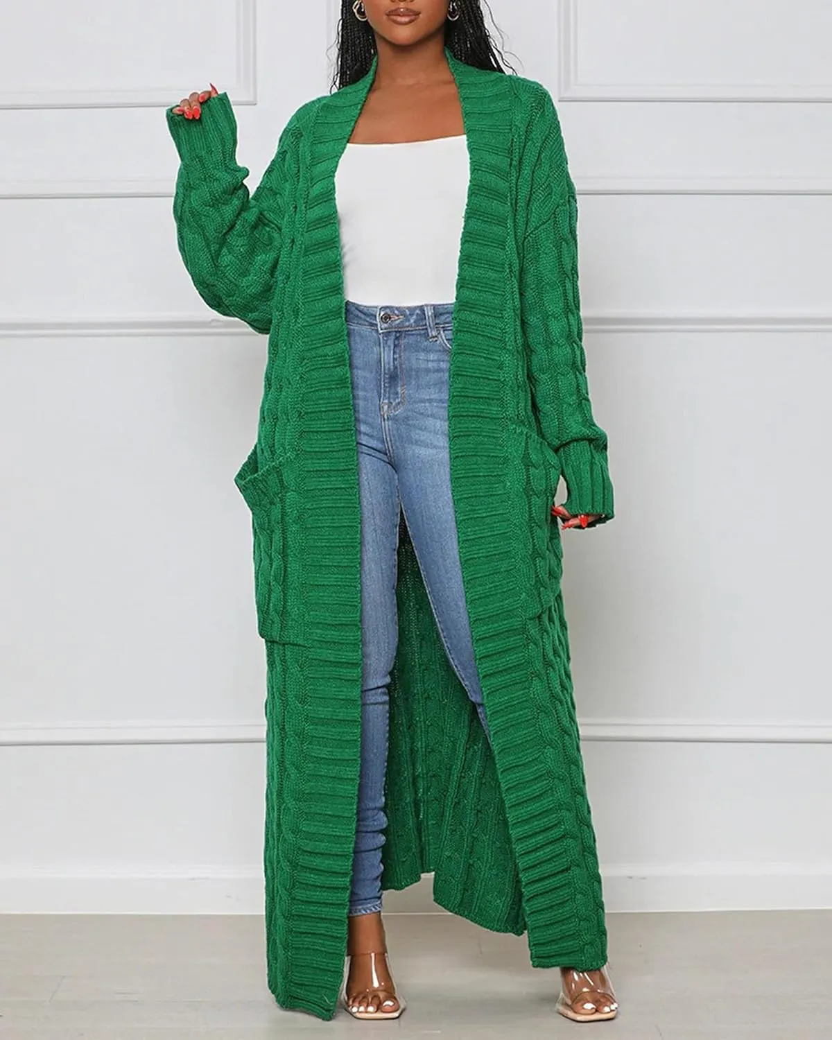 Women's Cable Knit Sweaters Cardigans Long Sleeve Warm Open Front Casual Loose Winter Chunky Coats Outwear with Pockets