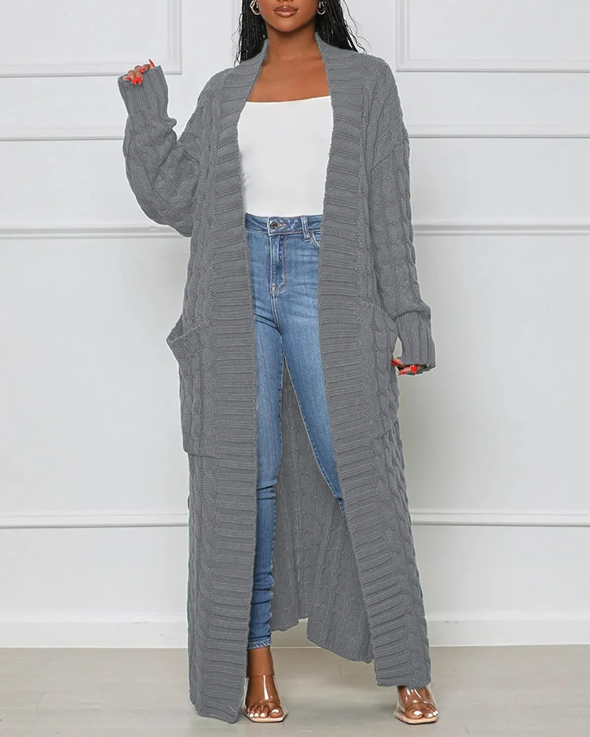 Women's Cable Knit Sweaters Cardigans Long Sleeve Warm Open Front Casual Loose Winter Chunky Coats Outwear with Pockets