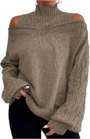 Women's Cable Knit Sweaters Off Shoulder Lantern Sleeve Sweatshirts Loose Turtleneck Pullover Tops 2024 Fall Outfits