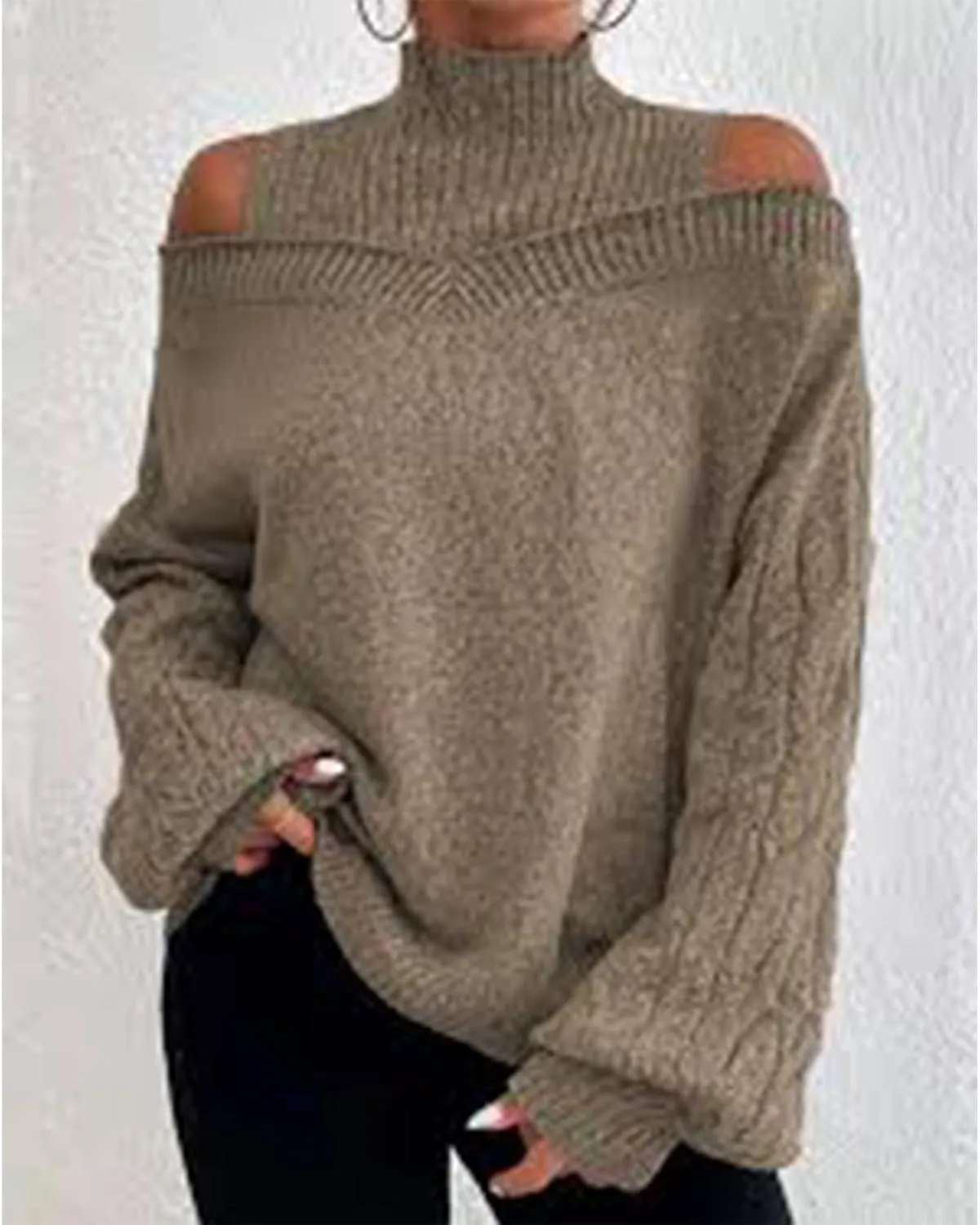 Women's Cable Knit Sweaters Off Shoulder Lantern Sleeve Sweatshirts Loose Turtleneck Pullover Tops 2024 Fall Outfits