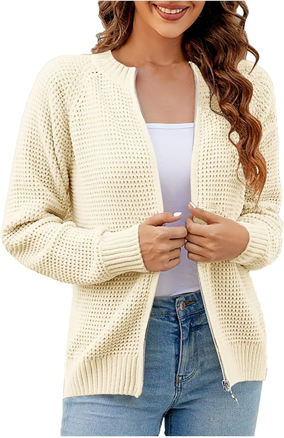 Women's Cable Knit Zipper Sweater Open Front Cardigans Outwear Coat Crewneck Long Sleeve Knitted Jacket Coats