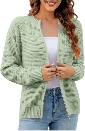 Women's Cable Knit Zipper Sweater Open Front Cardigans Outwear Coat Crewneck Long Sleeve Knitted Jacket Coats