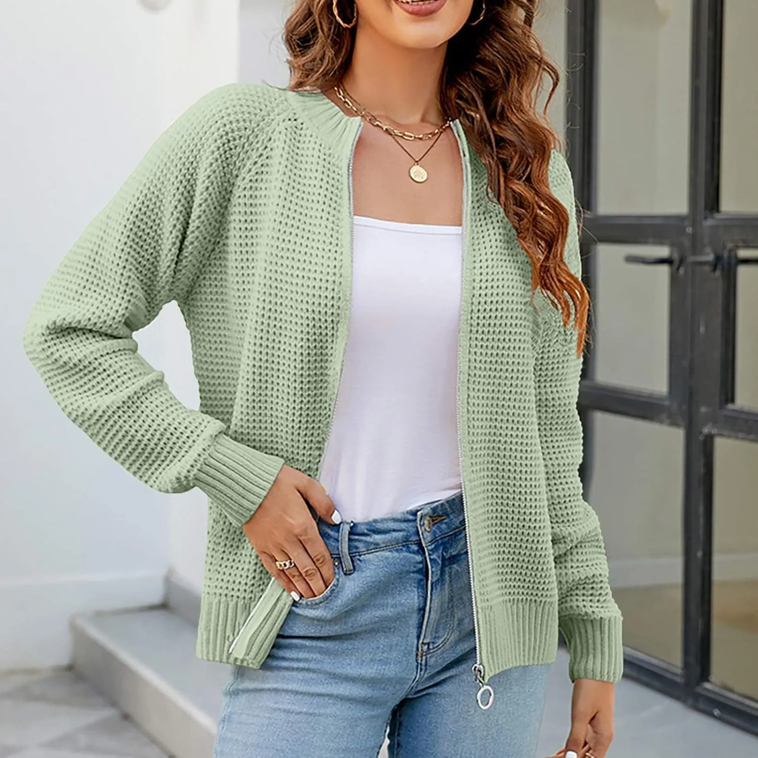 Women's Cable Knit Zipper Sweater Open Front Cardigans Outwear Coat Crewneck Long Sleeve Knitted Jacket Coats