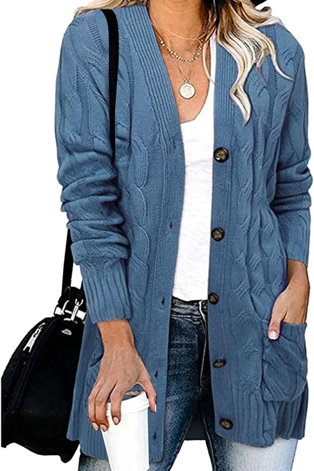 Womens Cable Knitted Cardigan Sweaters Open Front Button Down Coats Chunky Warm Knitwear Sweater Coat with Pockets