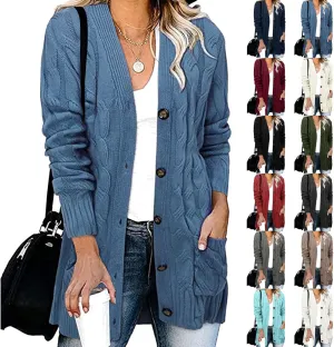 Womens Cable Knitted Cardigan Sweaters Open Front Button Down Coats Chunky Warm Knitwear Sweater Coat with Pockets
