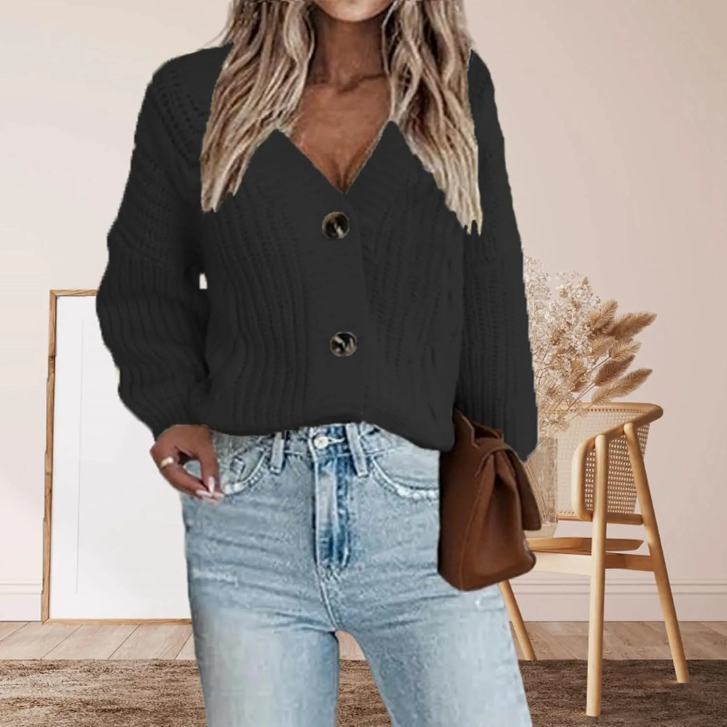 Women's Cardigan Sweater 2024 Fall Winter Casual Long Sleeve Open Front Cardigans Button Down Knit Chunky Outwear Coats