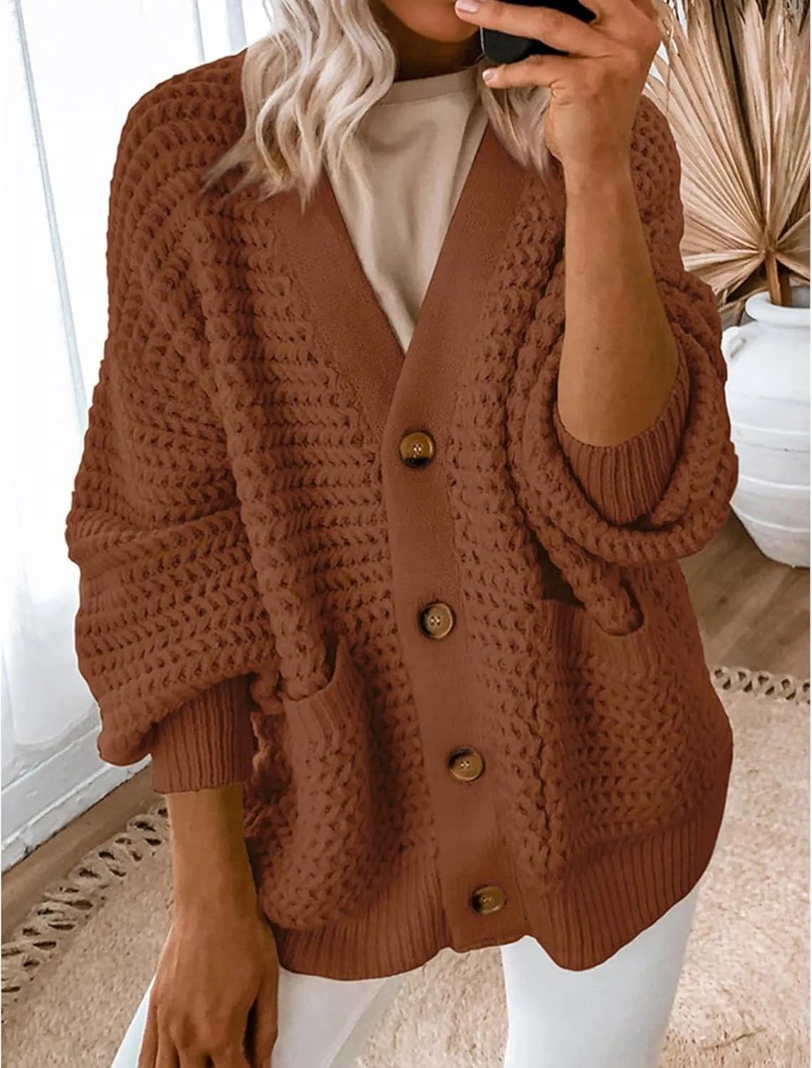 Womens Cardigan Sweaters Button Up Chunky Knit Cardigans V Neck Loose Fit Jackets Outwear