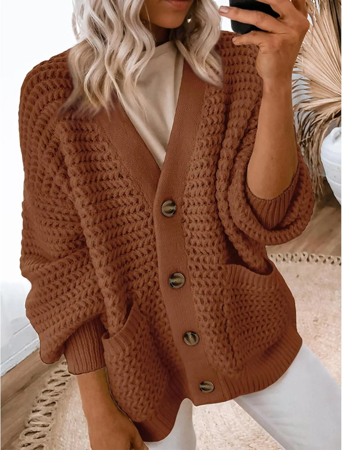 Womens Cardigan Sweaters Button Up Chunky Knit Cardigans V Neck Loose Fit Jackets Outwear