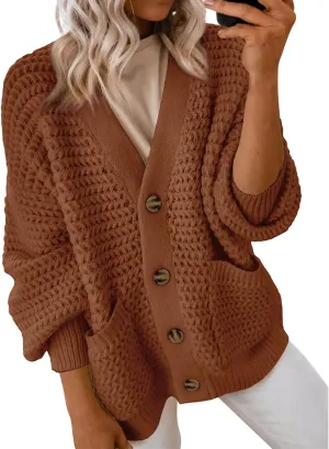 Womens Cardigan Sweaters Button Up Chunky Knit Cardigans V Neck Loose Fit Jackets Outwear