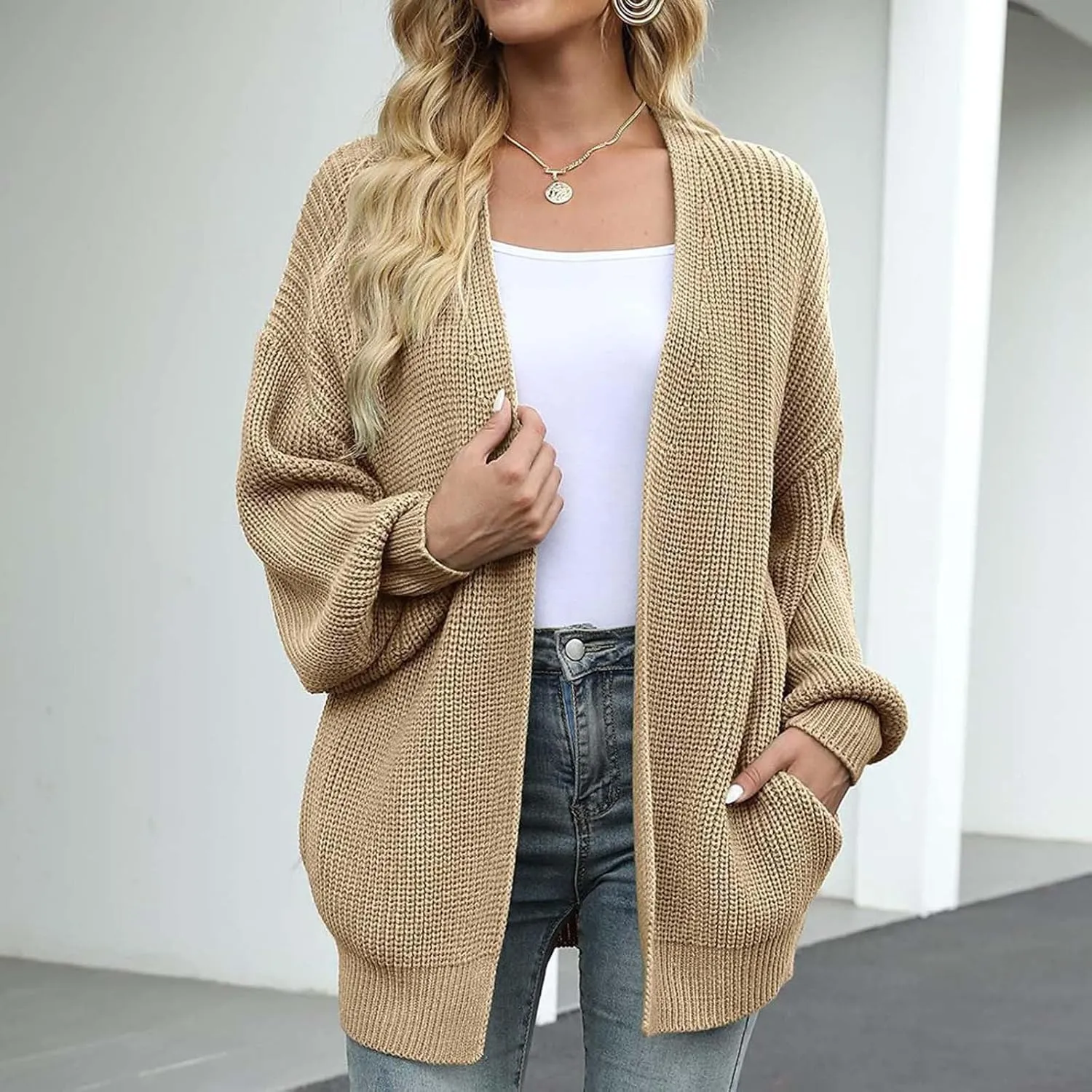 Womens Cardigan Sweaters Loose Fit Chunky Open Front Cardigan Oversized Cable Knit Sweaters with Pockets